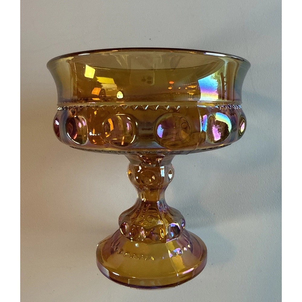 Indiana Carnival Glass Kings Crown Thumbprint Amber Compote Pedestal Candy Dish